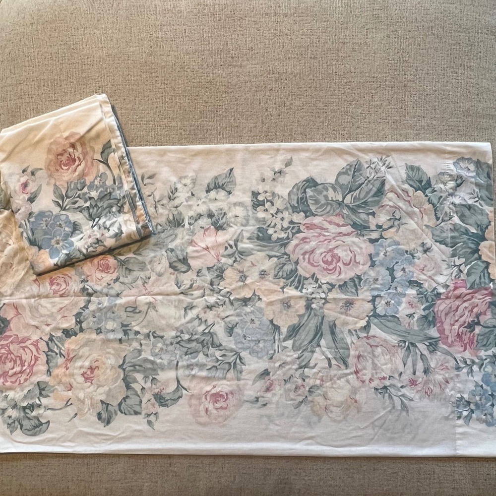 Vintage Sears Floral Pillowcase Set Queen Pink Blue Rose Cottagecore Shabby Chic